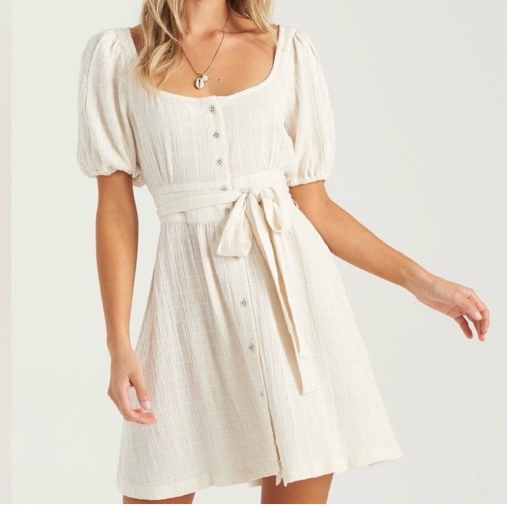 Billabong Ivory Button Front Mini‎ Dress Women’s Small Short Sleeve Tie Waist